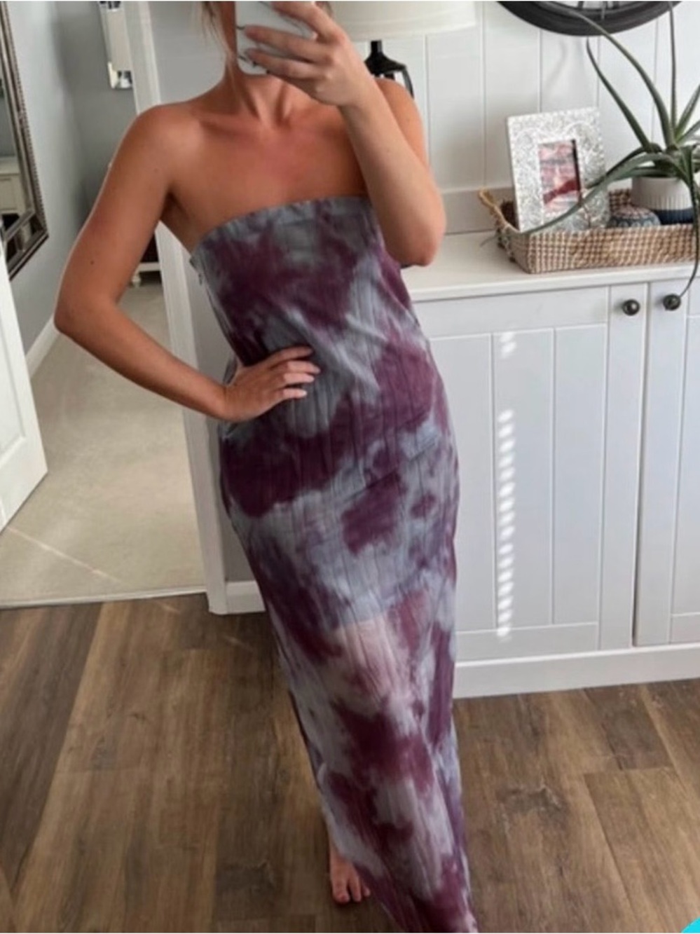 Zara Strapless Tie-Dye Maxi Dress in Purple and Gray